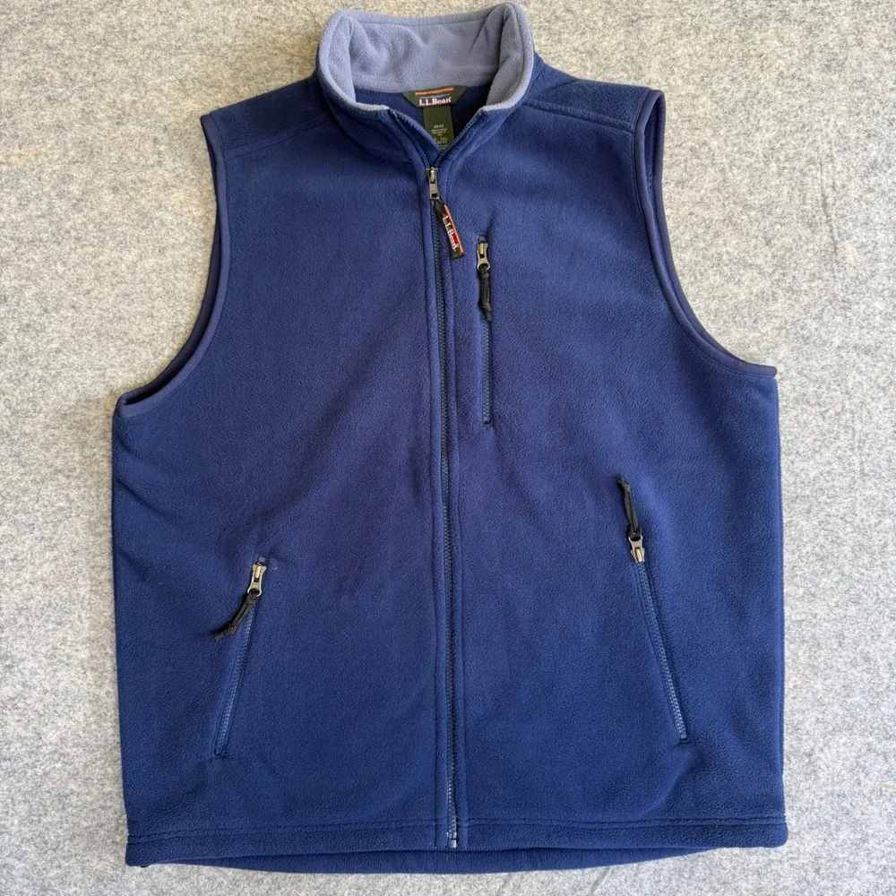 LL Bean Mens Fleece Vest Navy Blue Full Zip Mock Neck Large Tall 0WN33